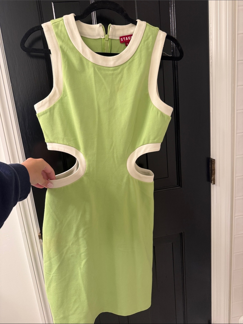 STAUD Lime Green Cutout Sheath Dress with White Trim
